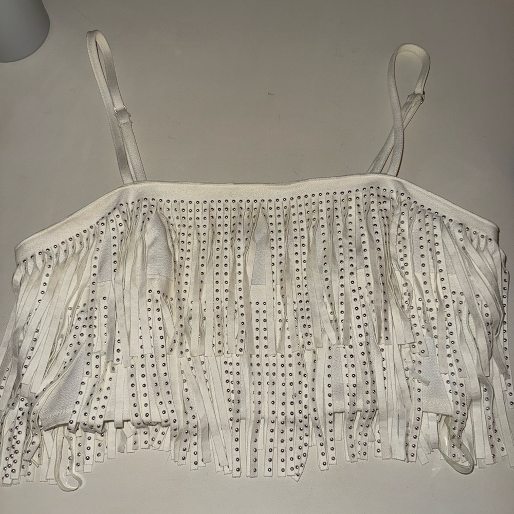 White Fringe Embellished Women's Top